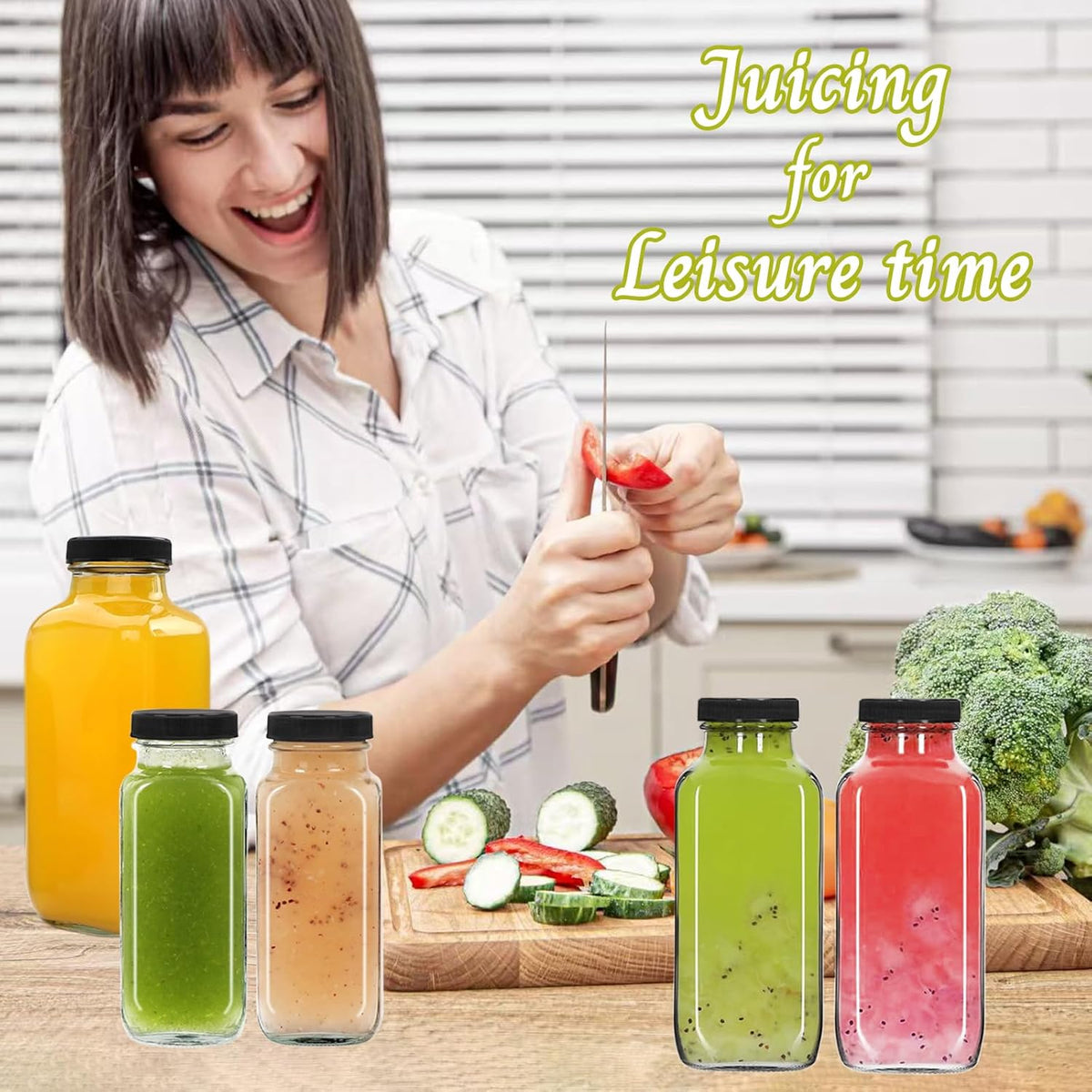 3 pack 8 oz Glass Juice Bottles with Lids, 250 ml Reusable Glass Water Bottles, Empty Drink Containers Drinking Jars with Brush, for Milk, Juicing