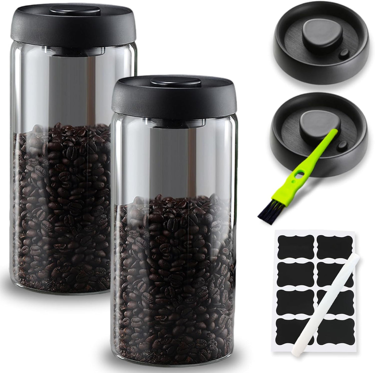 Vacuum Coffee Canister,2PCS 61FLOZ Borosilicate Glass Jar with Spare Airtight lid, Label & Brush