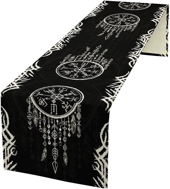 Viking Table Runner, Nordic Ancient Mythical Runes Print Table Runner for Home Dining Kitchen Coffee Table Party 13x60in