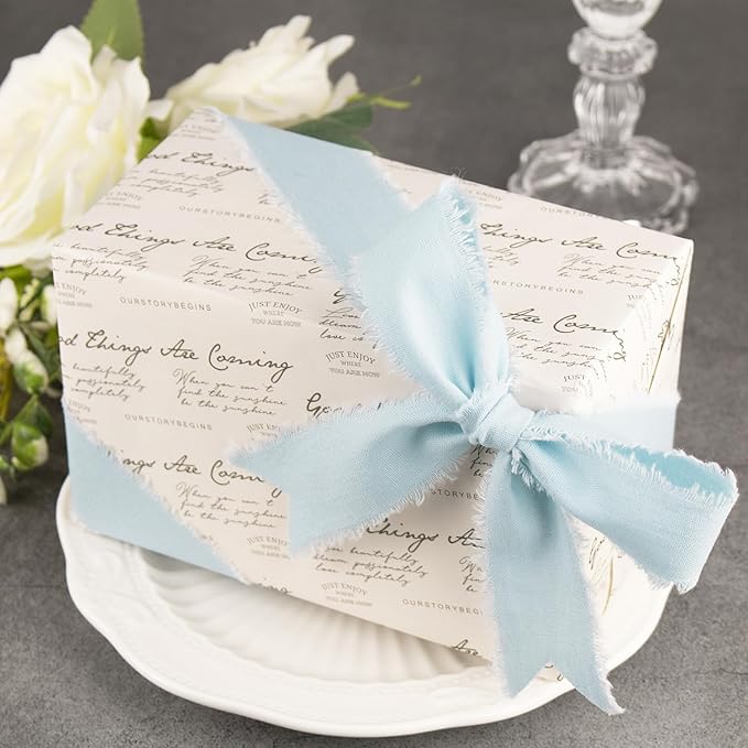 Baby Blue Cotton Ribbon 1-1/2 Inch Baby Blue 3 Rolls 21 Yards Frayed Edge Fabric Set for Baby Shower, Wedding Invitations, Nursery Decor, Christening & First Birthday Party