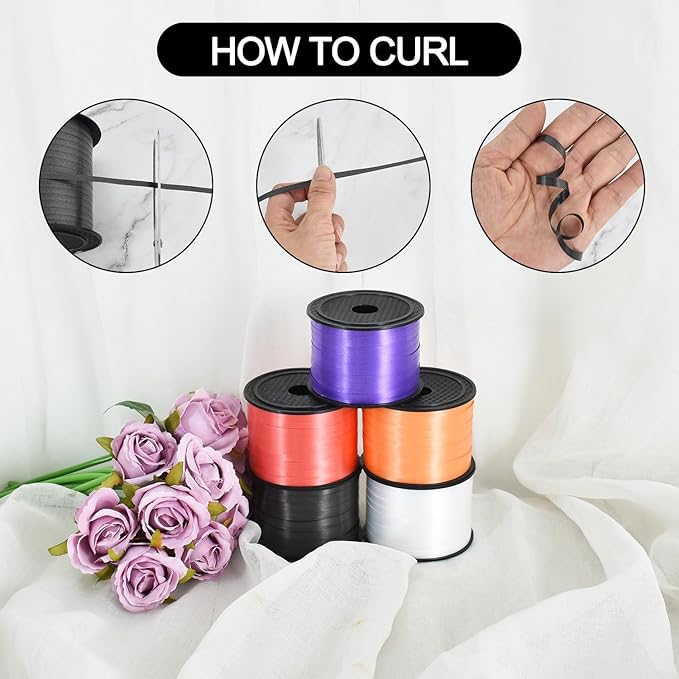 TONIFUL 300 Yards Curling Ribbon-Balloon Ribbon-Balloon String for Art&Craft Decor,Gift Wrapping,Ribbons and Bows for Halloween Christmas New Year Birthday Gifts Supplies (Black Orange Purple)