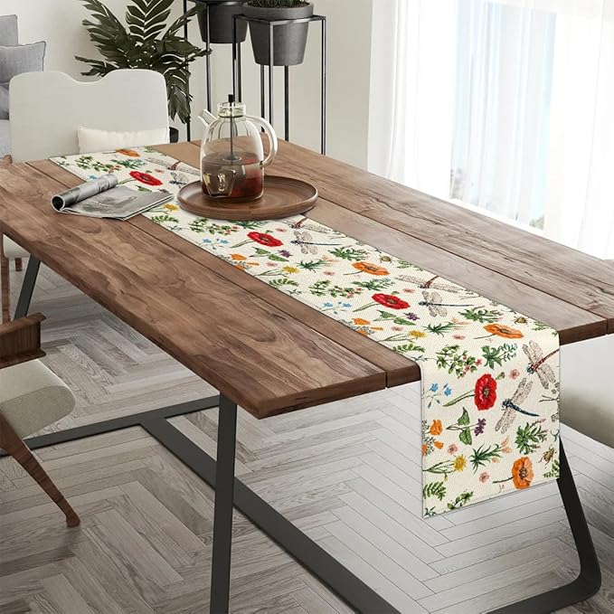 Flowers Dragonflies Table Runner Kitchen Dining Table Runner 13*36in Table Center Decor for Indoor Outdoor Home Holiday Party