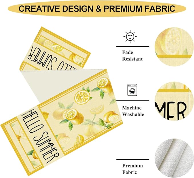 Summer Lemon Table Runner, Farmhouse Seasonal Spring Yellow Fresh Fruits Country Coffee Cafe Table Center Decor for Home Kitchen Dining Party Patio Indoor Outdoor Table Decorations, 13"x36" Inch