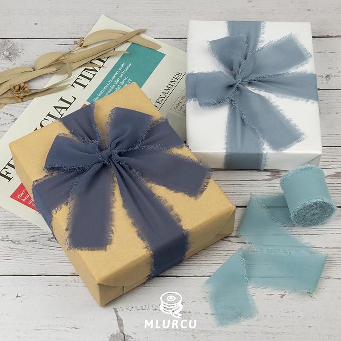 Dusty Blue Chiffon Ribbon 1.5 Inch x 21Yds Handmade Fringe Chiffon Silk Ribbon Dusty Blue/Slate Blue/Dark Blue Frayed Chiffon Ribbon for Wedding Invitation Flower Bouquets Bridal Shower Gift Wrapping