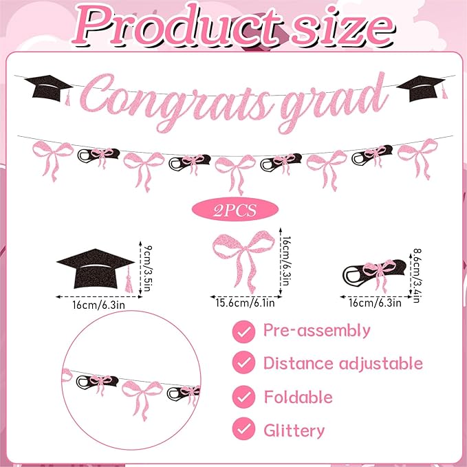 Pink Graduation Decorations 2026-2PCS Pink Bow Congrats Grad Banners Party Decor, Bowknot Graduation Party Supplies for Primary Middle High School University College (No-DIY)