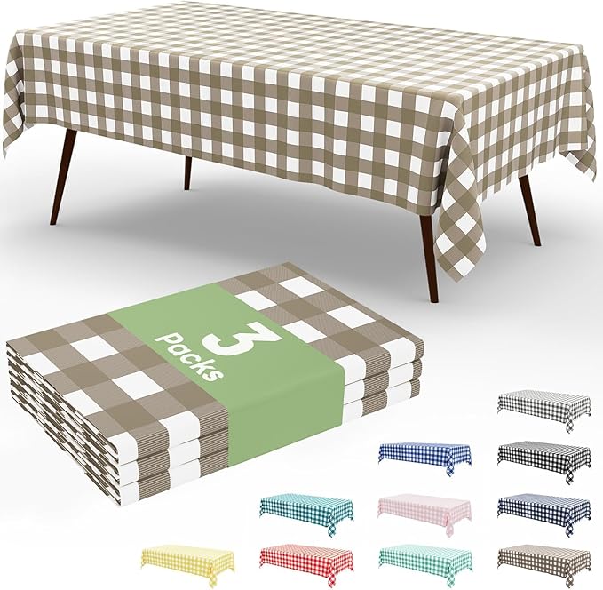 Smiry 3 Pack Khaki Gingham Disposable Tablecloths - 54" x 72" Heavy Duty Plastic Table Cloth, Waterproof Buffalo Plaid Table Covers for Picnic, Banquets, Outdoor Parties