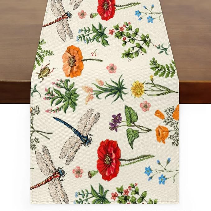 Flowers Dragonflies Table Runner Kitchen Dining Table Runner 13*36in Table Center Decor for Indoor Outdoor Home Holiday Party