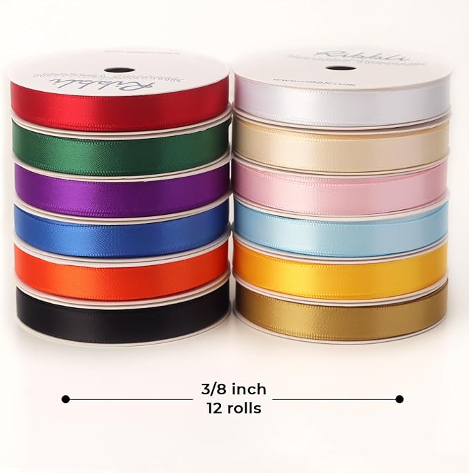 Ribbli Rainbow Satin Ribbon 3/8 Inch x 12 Rolls Total 60 Yards- Colorful Ribbon for Gift Wrapping Craft Party Decoration Baby Shower Wedding