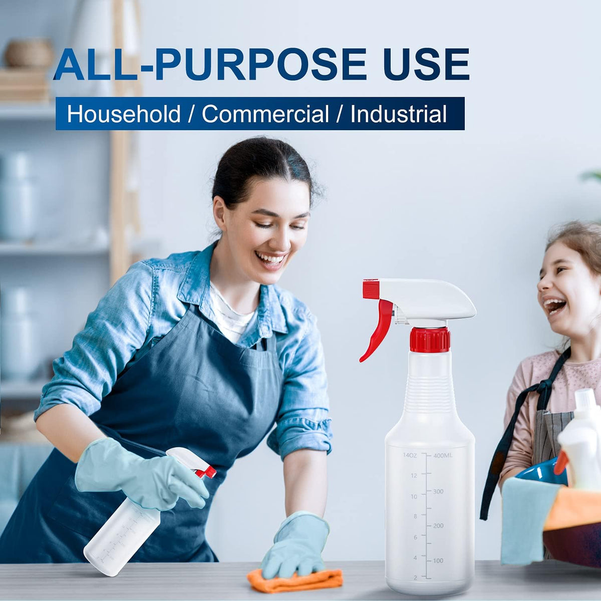 Veco Spray Bottle (2 Pack&2 extra Nozzle,16 Oz) with Measurements and Adjustable Nozzle, HDPE Plastic Spray Bottles for Cleaning Solution, Household/Commercial/Industrial Use, No Leak and Clog