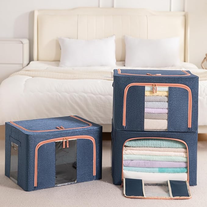 GuliPostan 3 Pack 66L Stackable Clothes Storage Bins with Metal Frame Handles & Zipper, Collapsible Closet Organizer Box with Lid for Bedding Blankets Towel (Navy)
