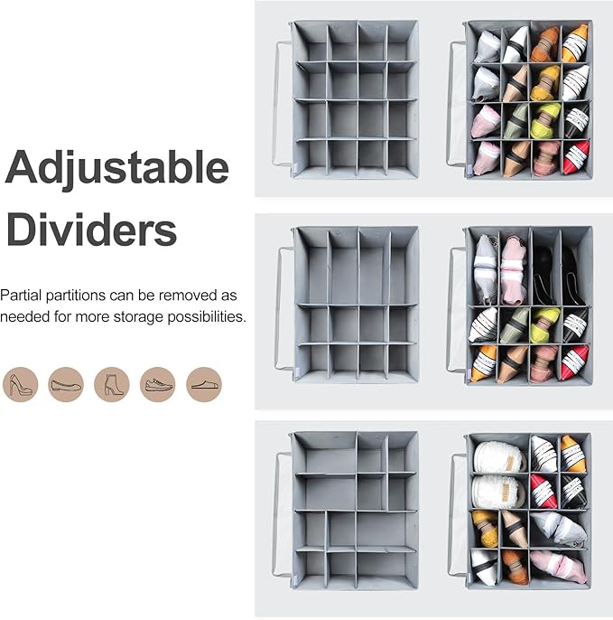 TOPIA HOME Shoe Organizer for Closet, Foldable Shoe Box with Adjustable Dividers and Clear Cover, Space Saving Shoe Storage Organizer Cabinet with Reinforced Handles, Fits 16 Pairs, Gray, TP09G