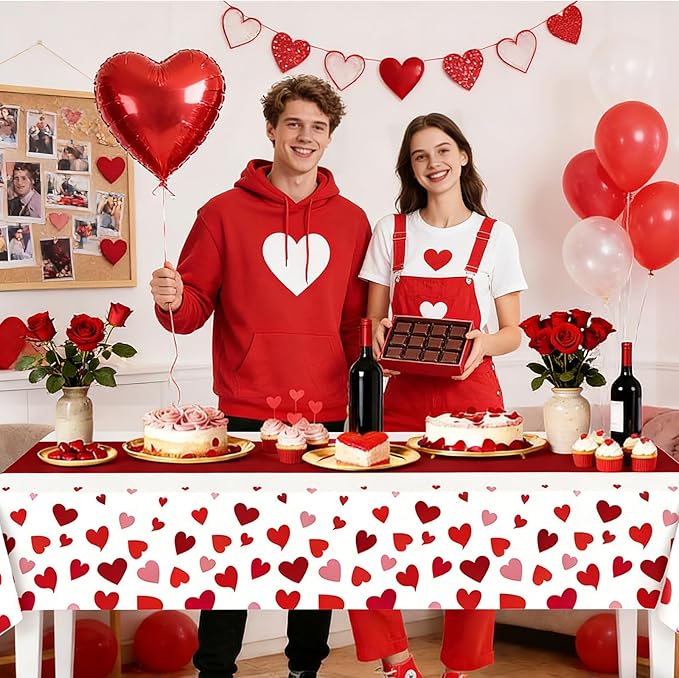 Red Table Cloths Rectangle - 2 Pack Heart Pattern Valentine's Day Decoration Party, Disposable Plastic Tablecloth 54" x 108", Suitable for Valentine's Day Wedding Anniversary Party Decoration