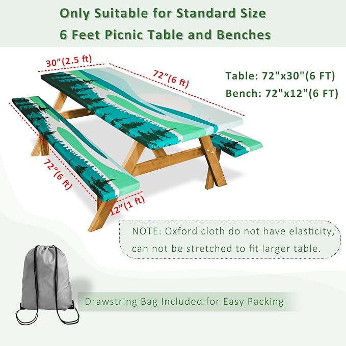 Picnic Table Cover with Bench Covers Camping Essentials Outdoor Reusable Waterproof Tablecloth with Storage Bag, Fitted Rectangle Tables and Seats, 72in, Green Landscape