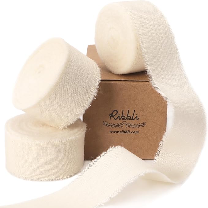Ribbli 3 Rolls Ivory Ribbon 1 Inch x 18 Yards Cream White Handmade Cotton Frayed Fringe Ribbons for Wrapping Wedding Invites Bridal Bouquets Baby Shower DIY Crafts Home Decor