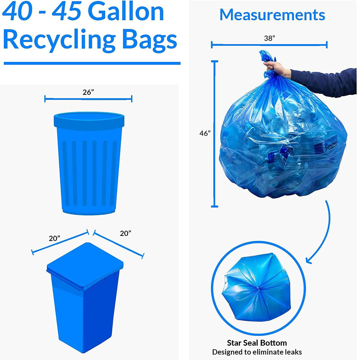 Reli. SuperValue 40-45 Gallon Recycling Bags | 200 Count | Blue Trash Bags | Made in the USA