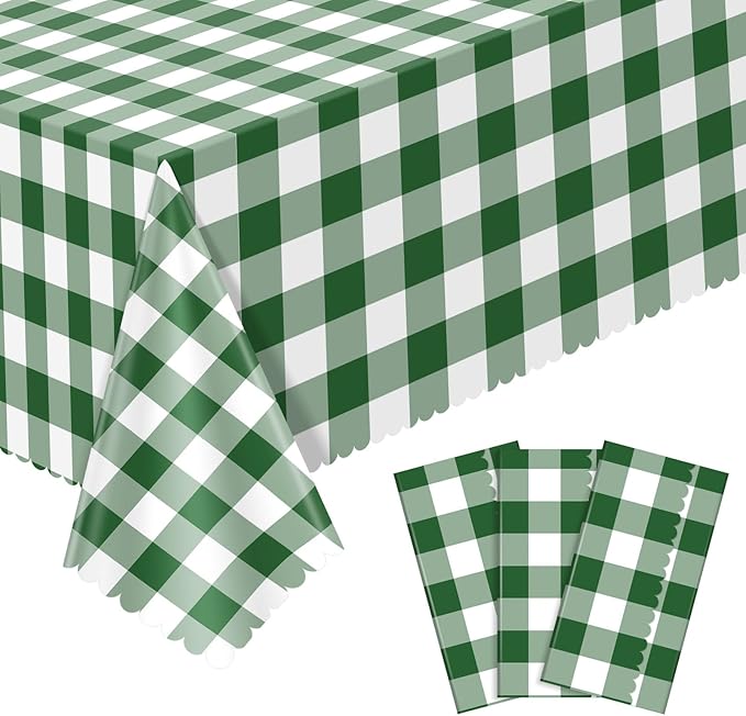 NatNarr 3 Pack Green Gingham Tablecloths, 54 X 108Inch Disposable Scalloped Green and White Checkered Table Cloth, Waterproof Table Cover for Party Picnic Birthday Barbecue Camping Wedding