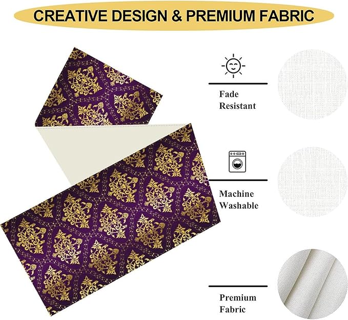 Vintage Table Runner, Retro Antique Gothic Purple Damask Floral Flower Pattern Classic Boho Coffee Table Center Decor for Kitchen and Dining Outdoor Home Country Party Table Decorations, 13"x36"