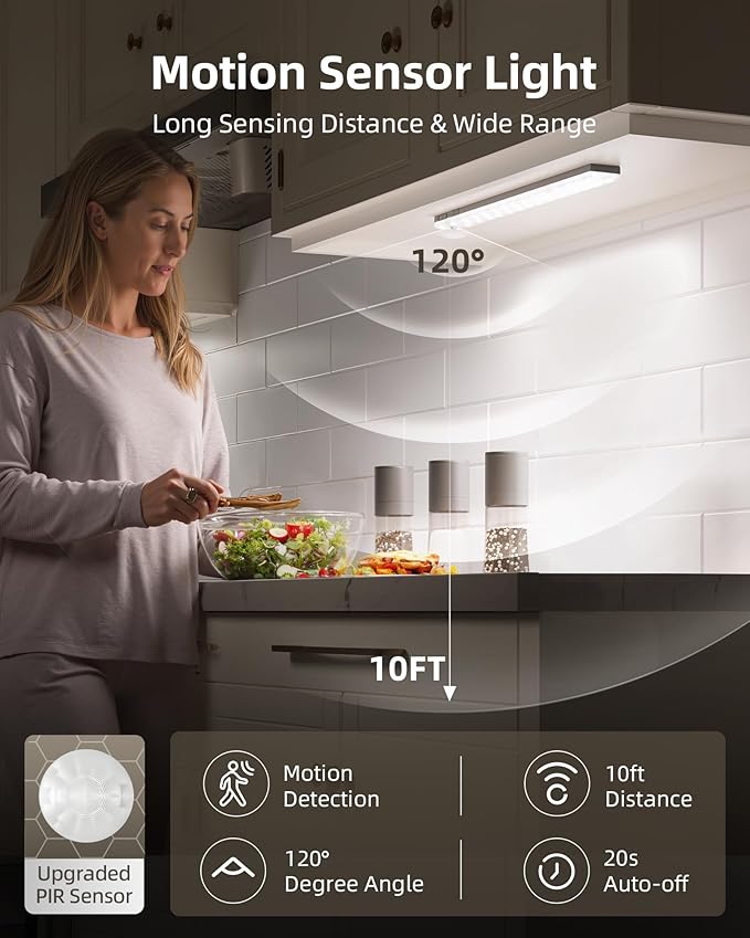 EZVALO 3-Pack Under Cabinet Lighting, 2000mAh Rechargeable Wireless Motion Sensor Lights, 62LEDs, 3 Color Temps, Dimmable, Timer, Magnetic, with Remote Control for Kitchen, Closet, Stair