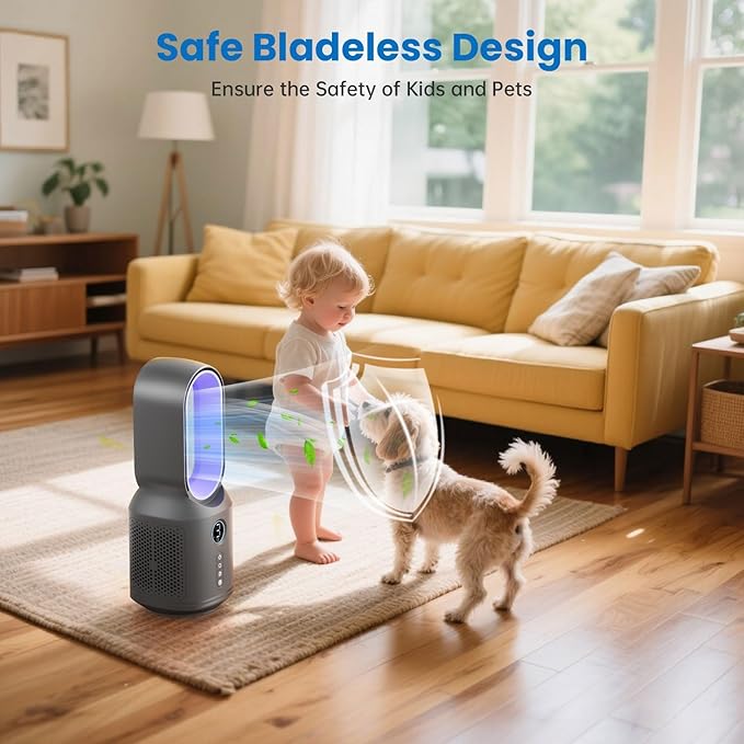 Bladeless Desk Fan, 13 Inch Quiet Oscillating with 106° Rotation, Battery Operated Portable Table Fan, 3 Speeds & Night Light, LED Display, Button Control, Personal Fan for Bedroom Office Nightstand