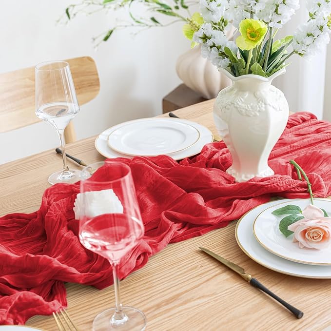 Asee'm 2PCS Easter Table Runner Cheesecloth 10FT Red Boho Gauze Fabric Rustic Sheer Cheese Cloth Runners for Valentine's Day Wedding Bridal Shower Party