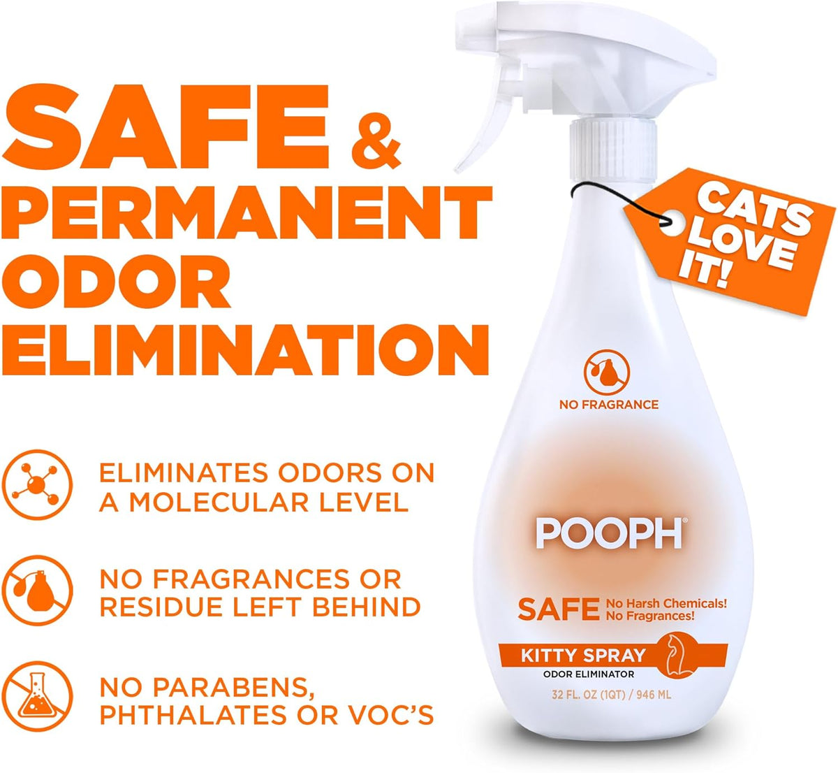 POOPH® Kitty Odor Eliminator – 32 fl oz Bottle – Proprietary Odor-Elimination Technology Works On-Contact – Cat Trees, Toys, Furniture, Bedding – NO Fragrances, NO Harsh Chemicals, Safe & Non-Toxic