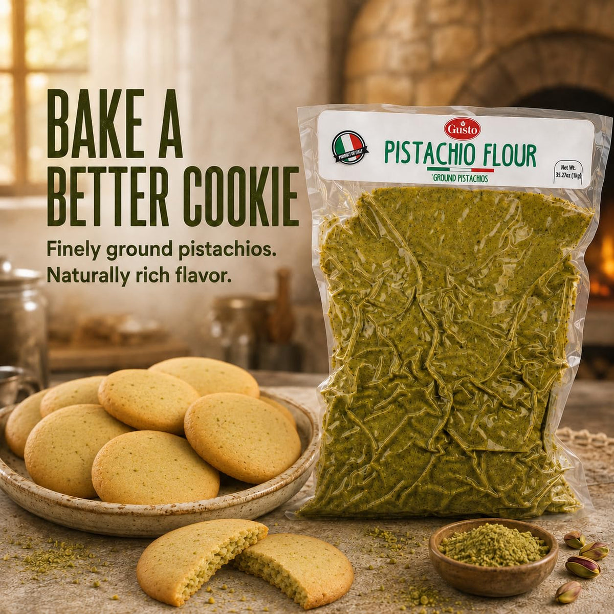 GUSTO ETNA Pistachio Flour, Fine Chopped Pistachio Flour, 2.2 lb | Gluten-Free Ground Pistachio Flour and Powder for Baking and Desserts; Vegan, Non-GMO, Product of Bronte, Sicily, Italy.