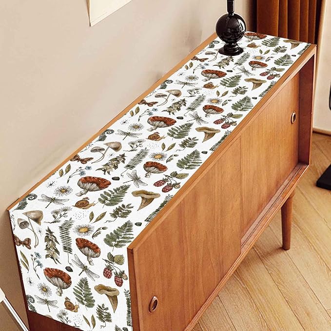 Mushroom Table Runner, Rustic Farmhouse Forest Plants Botanical Country Coffee Table Center Decor for Home Kitchen Dining Patio Holiday Party Indoor Outdoor Table Decorations, 13"x90" Inch