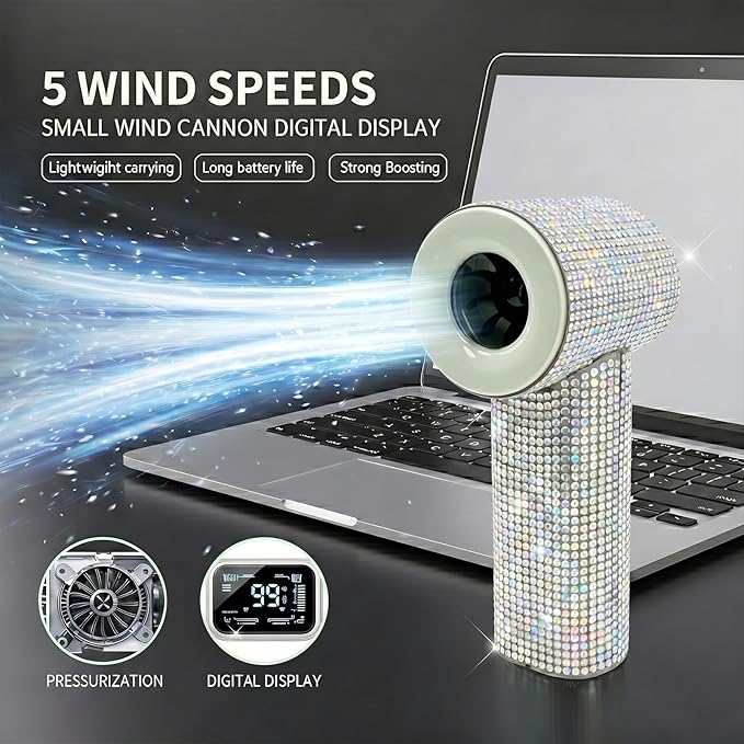 Portable Handheld Fan, Luxury Diamond Turbo Mini Fan with Digital Display, 5 Speeds USB-C Rechargeable Personal Fan for Women Men, Small Pocket Fan for Travel, Makeup, Outdoor (Rainbow-Green)