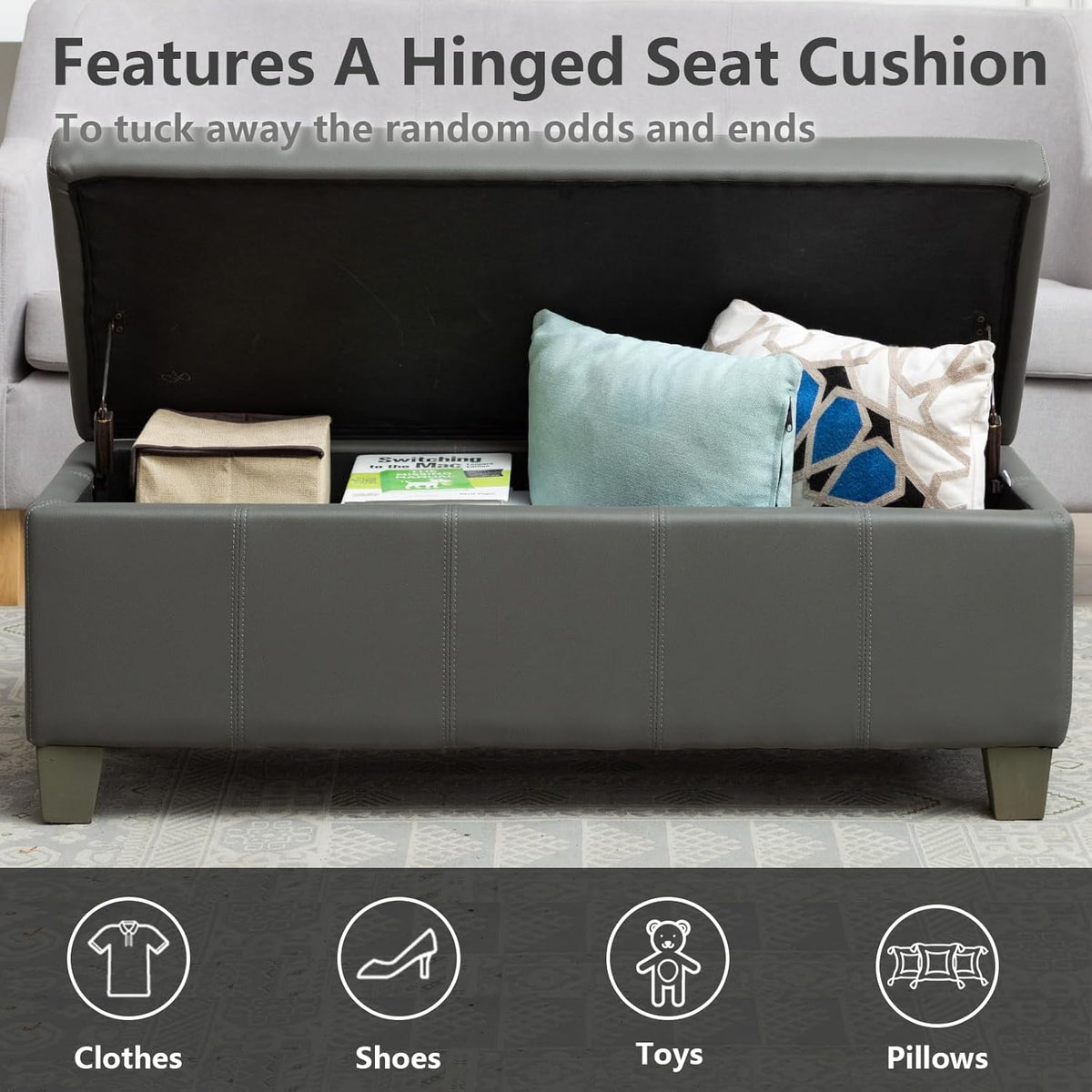 Grey Faux Leather Ottoman with Storage, Rectangular Extra Long Storage Bench for Bedroom and Living Room