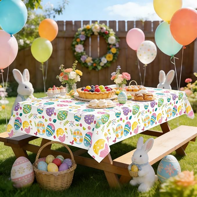 Easter Tablecloths Decorations - 2-Piece Colorful Easter Egg Tablecloths, Disposable Plastic Tablecloths, 54 inches x 108 inches, Perfect for Spring Decorations and Easter Party Supplies