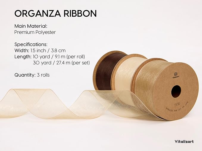 Vitalizart Organza Ribbon 1.5" x 30 Yd Champagne & Nude Sheer Ribbons for Gift Wrapping Crafts Christmas Wreaths Bows Party Decor Wedding Bouquet