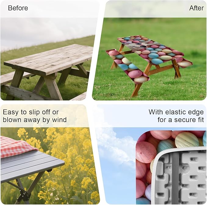 ANNA QUEEN 6FT Cute Easter Bunny Outdoor Picnic Table Cover with Bench Covers Picnic Table Cover Set 3PCS 72"x30", Cute Easter Bunny Outdoor Bench and Tablecloth Furniture Protection