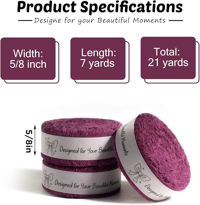 Grape Wine Cotton Ribbon 5/8 Inch Grape Wine 3 Rolls 21 Yards Frayed Edge Fabric Set for Wedding Decor, Anniversary Celebration, Bridal Bouquet Wrap, Gift Wrapping & Fall Wedding