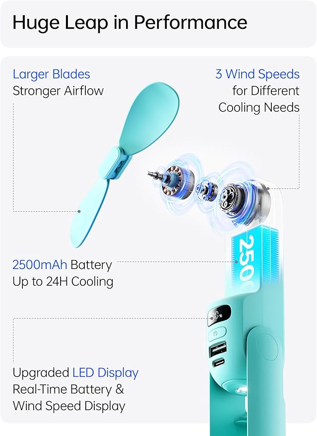 JISULIFE Handheld Travel Fan, Upgraded Mini Portable Fan with Up to 24 Working Hours for Long-term Outdoor Cooling, Combines Power Bank and Flashlight, Used for Summer, Cruise, Concert, Lash-Cyan
