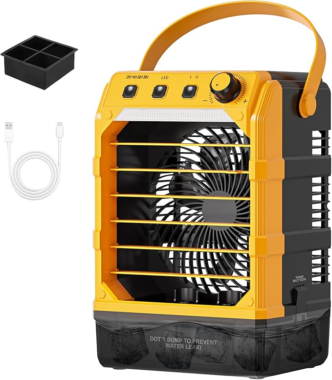 Uniqwamo Portable Fan With Mist Compatible for Dewalt 20v Battery/USB (No Battery & Charger), Camping Fans with 1600ml Water Tank, Timer, LED & Ice Cube Tray, Misting Fan For Outside Room Desk