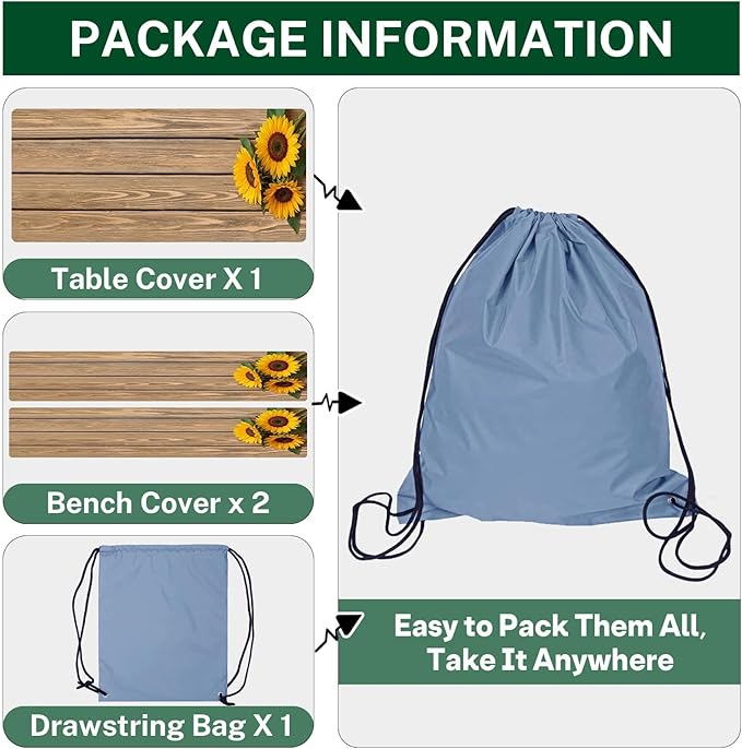 Sunflower Wooden Picnic Table Cover with Bench Covers, Rustic Summer Floral Farmhouse Outdoor Camping Essentials 6FT 3PCS Fitted Rectangle RV Must Haves Tablecloth with Drawstring Bag
