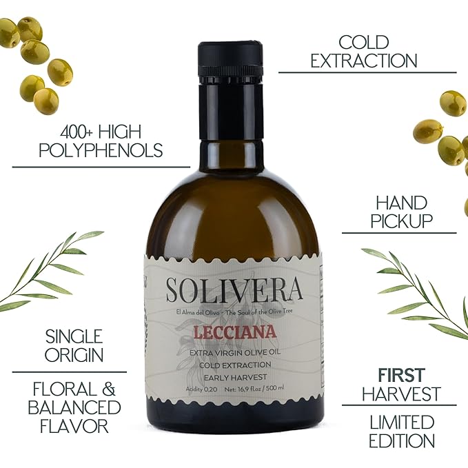 Solivera Lecciana Extra Virgin Olive Oil Cold Pressed, Floral & Balanced, 400+ High Polyphenols, Gourmet & Healthy Organic Oil