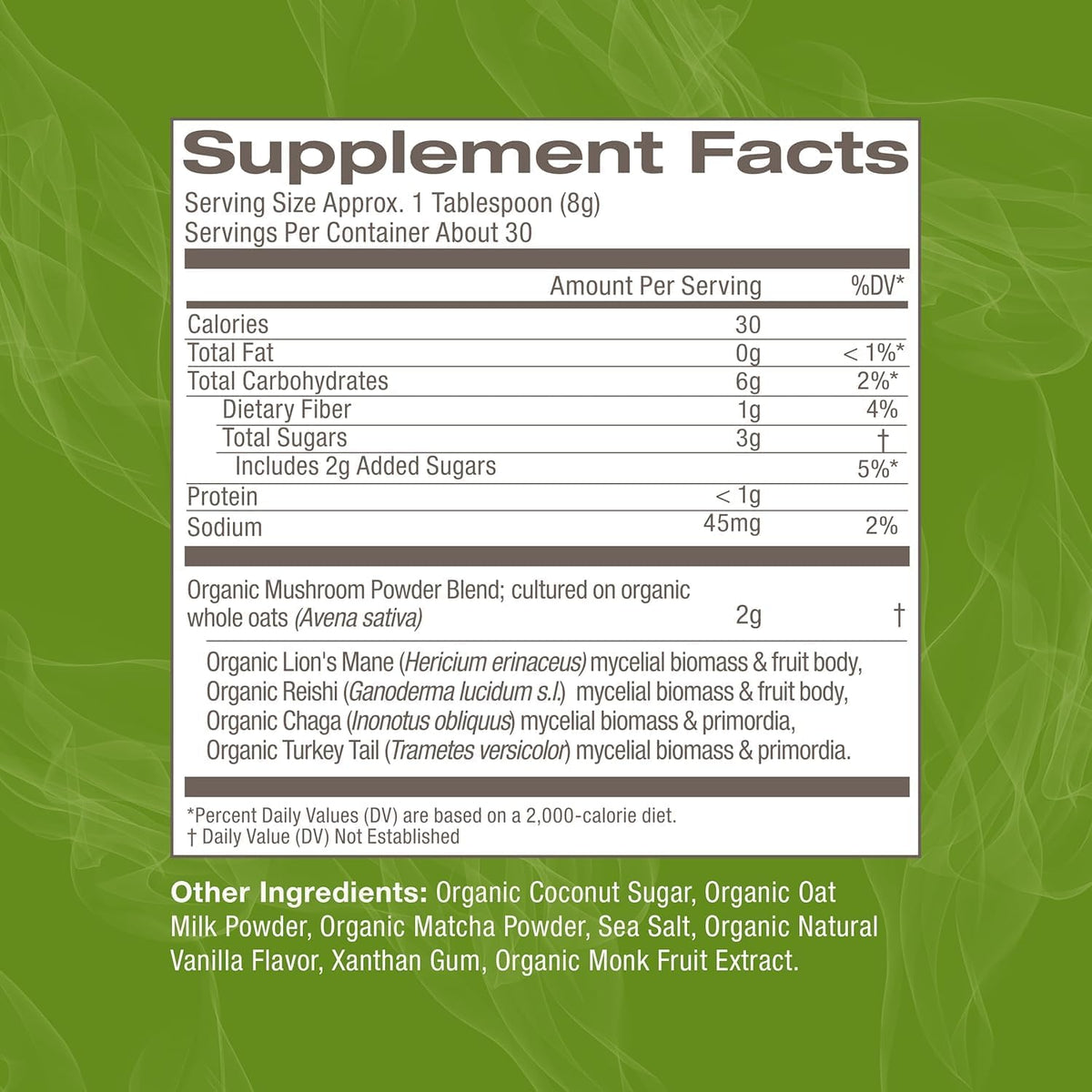Om Mushroom Superfood Matcha Latte Blend Mushroom Powder, 8.47 Ounce Canister, 30 Servings, Green Tea, Lion's Mane, Reishi, Chaga, Turkey Tail