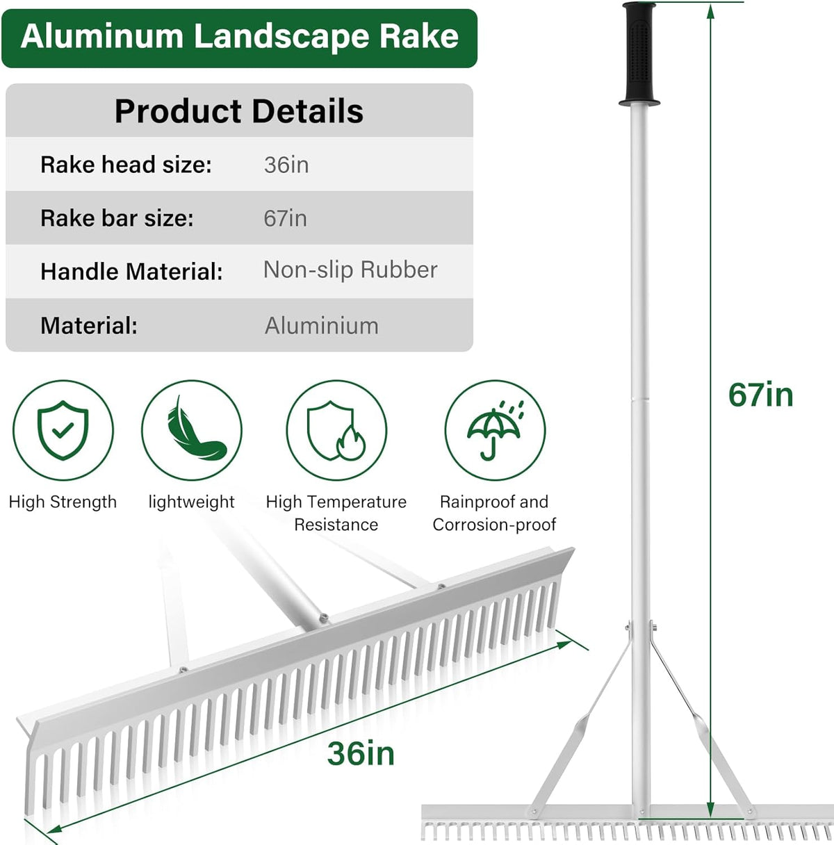 Aluminum Landscape Rake,36" Landscape Rake,Leaf Rake with 67 Inch Handle,Aluminum Yard Rake Tool for Loosening Soil,Lawn Care,Weeding Lake,Garden