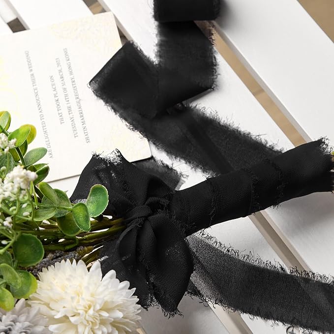 Black Chiffon Ribbon 1.5" x 21 Yd Handmade Fringe Silk Chiffon Fabric Ribbon for Gift Wrapping Wedding Invitation Bridal Flower Bouquet DIY Crafts Home Decor