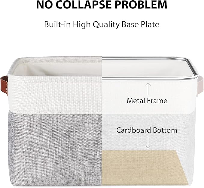 Univivi Fabric Storage Baskets Hard Bottom for Shelves,15X10.5X9.5 inch Rectangle Linen Closet Organizers,Foldable Storage Bins with PU Handles,Gray,4PC