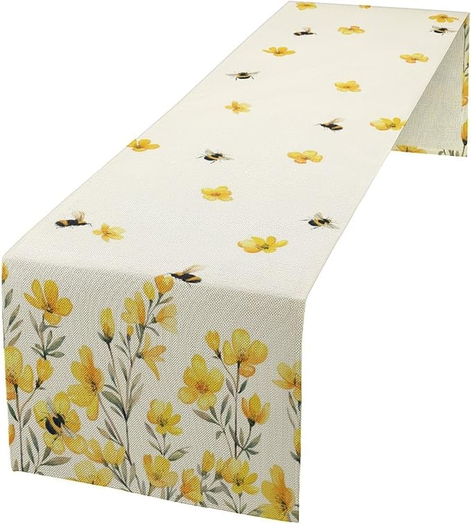 Yellow Wild Flowers Table Runner, Rustic Farmhouse Watercolor Daisy Floral Branches Bees Print Table Runner for Kitchen Dining Room Party Picnic Table Decor, 13x70inch
