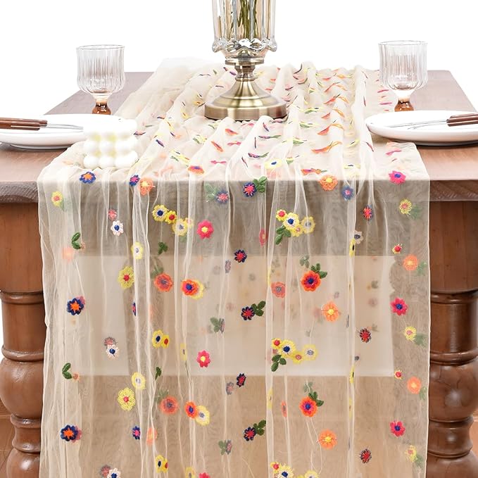 Joanlody 6pcs Champagne Embroidery Daisy Spring Summer Table Runner Florals Seasonal Easter Tulle Table Runner Holiday Kitchen Dining Table Decoration for Home Party Indoor