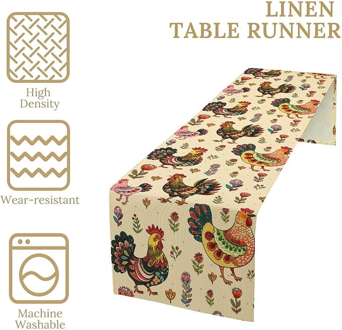 Rustic Farm Animal Table Runner, Vintage Rooster Boho Flowers Table Runner for Kitchen Dining Holiday Home Party 13x108in