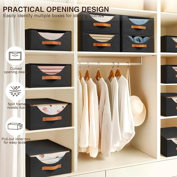 Homsorout Closet Organizers and Storage - Large Stackable Storage Bins with Drawer, Fabric Bins for Organization, Collapsible Drawer Organizer Clothes for Bedroom, Living Room, 2 Pack, Black
