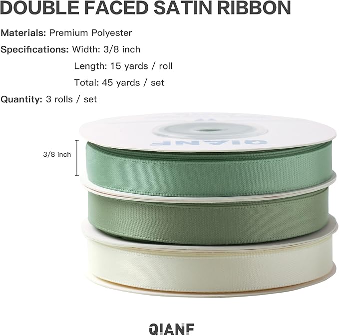 QIANF Sage Green Double Face Satin Ribbon 3/8 Inch x 45 Yards Moss Green Cream Fabric Ribbon for Gift Wrapping, Flower Bouquets, Bows Making, Wedding Decoration, Invitations, Christmas (3 Rolls *15Yd)