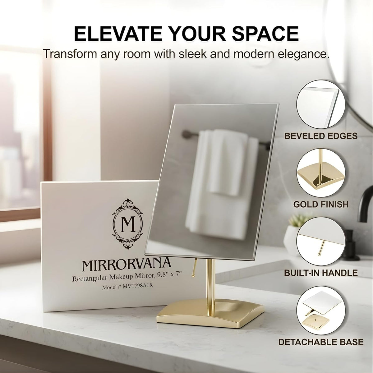 MIRRORVANA Large Free Standing Mirror, Frameless, 9.8" x 7" (Gold) | Beveled Design Elevates Bathroom, Dresser &amp; Retail Counters - Ideal for Desk, Counter, Bathroom &amp; Vanity Dressing Table