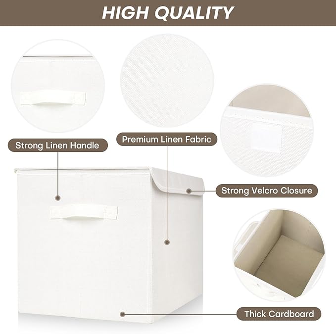 Bagnizer Large 17" 42 Quarts Collapsible Stackable Storage Bins with Lids [3-Pack] Foldable Fabric Linen Storage Boxes Cube, Closet Organizer Baskets with Label (16.7 x 12 x 12, White)