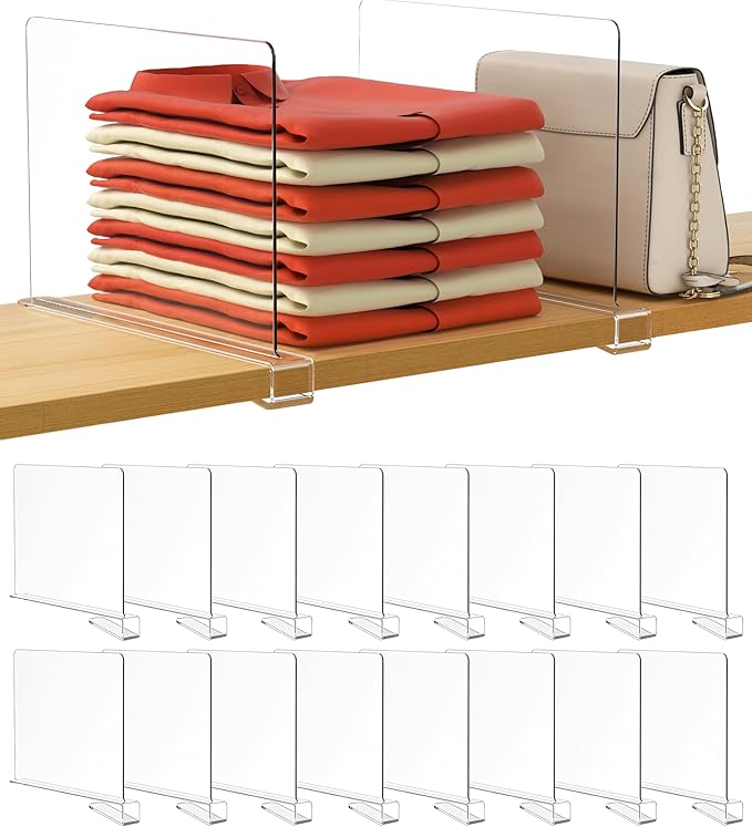 HBlife 16 Pack Clear Shelf Dividers, Vertical Purse Organizer for Closet Perfect for Sweater, Shirts, Handbags in Bedroom and Kitchen, Adjustable Acrylic Bookshelf for Organization