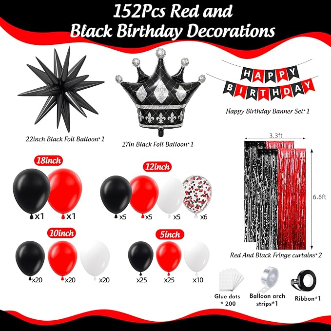 Red and Black Birthday Party Decorations 152Pcs, Red Black White Balloons Arch Kit with Banner Fringe Curtains for 16th 18th 21st 24th 32th 40th 50th 60th Birthday Decorations for Men